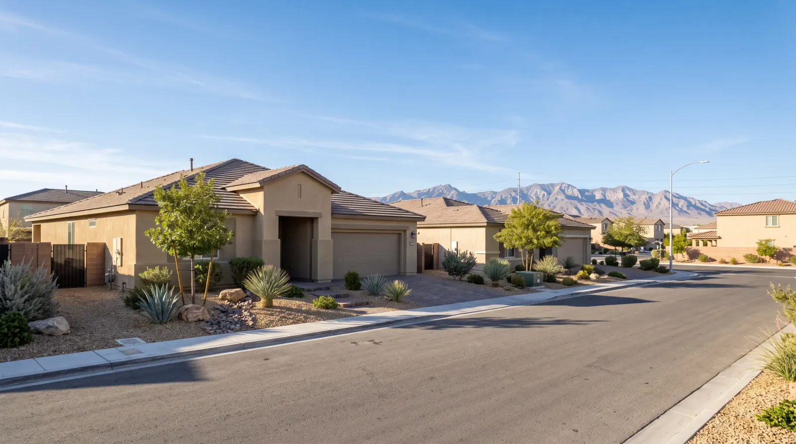 Residential street with single-story homes and desert landscaping in the Aliante area of North Las Vegas, Nevada