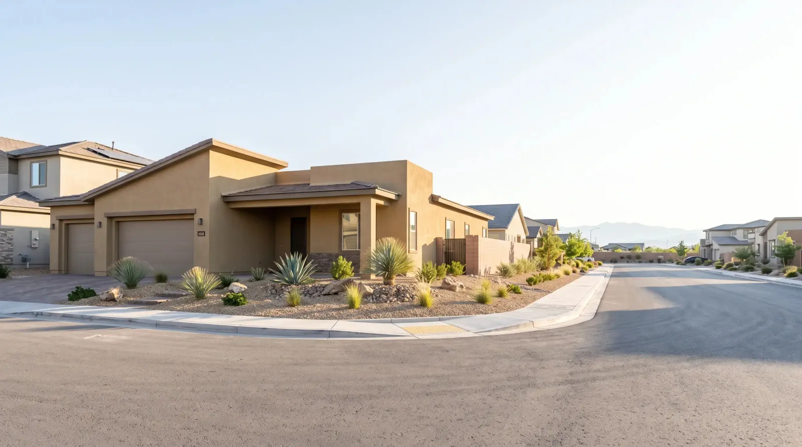 Residential street corner with single-story homes and desert landscaping in Enterprise, Nevada