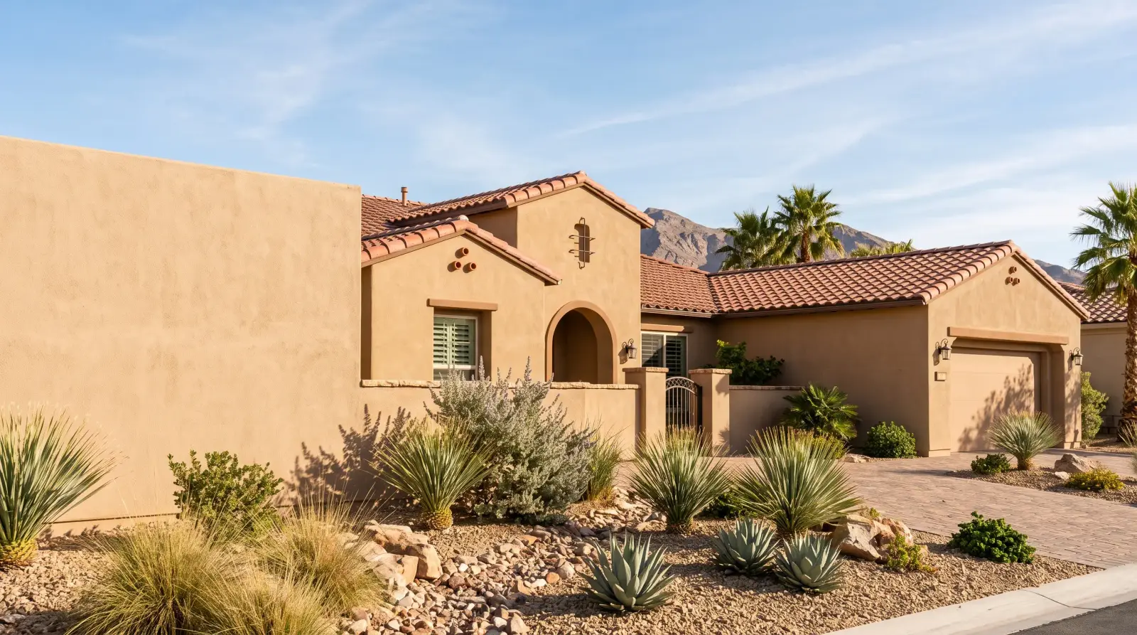 Stucco home with a tile roof and palm trees on a residential street in Las Vegas, Nevada
