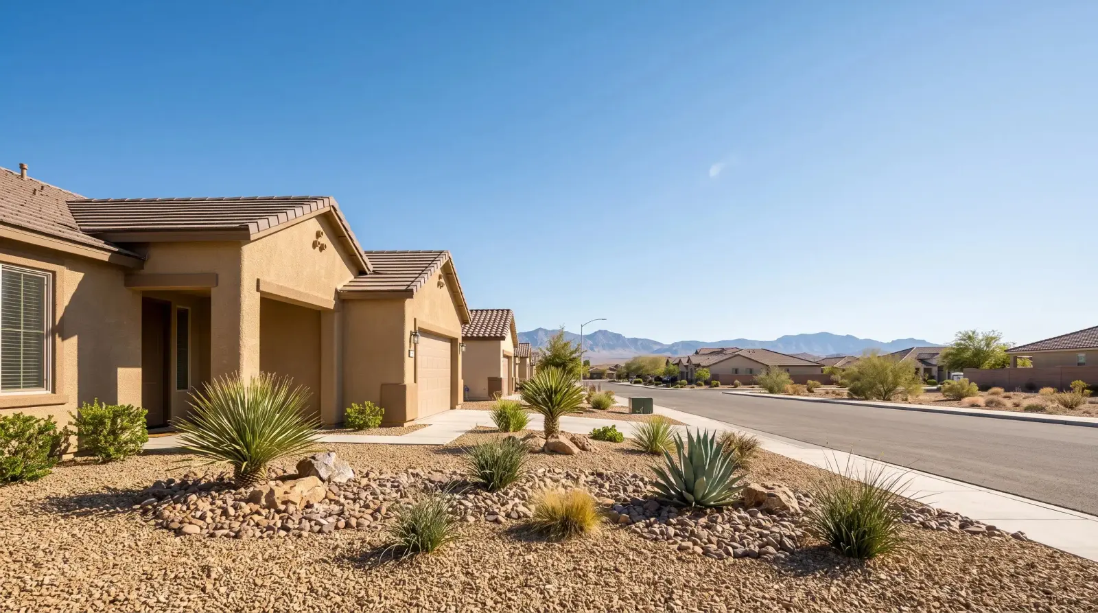 Single-story homes with desert landscaping on a residential street in North Las Vegas, Nevada