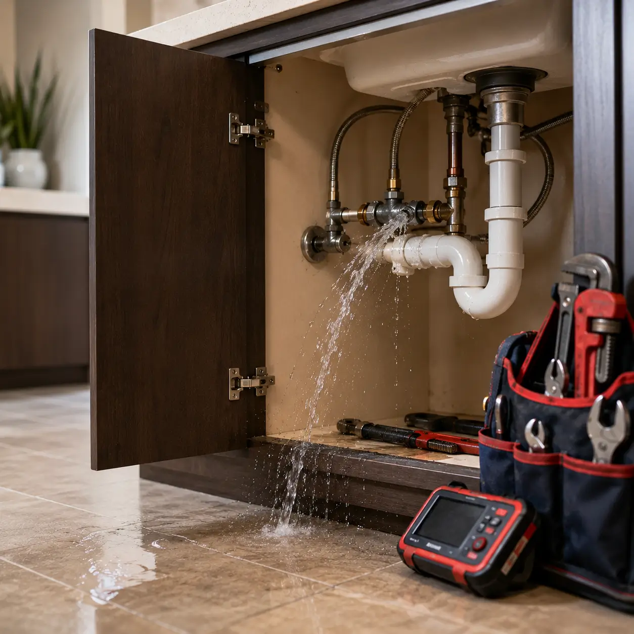 Water spraying from a leaking under-sink drain connection beside a plumber's tool bag