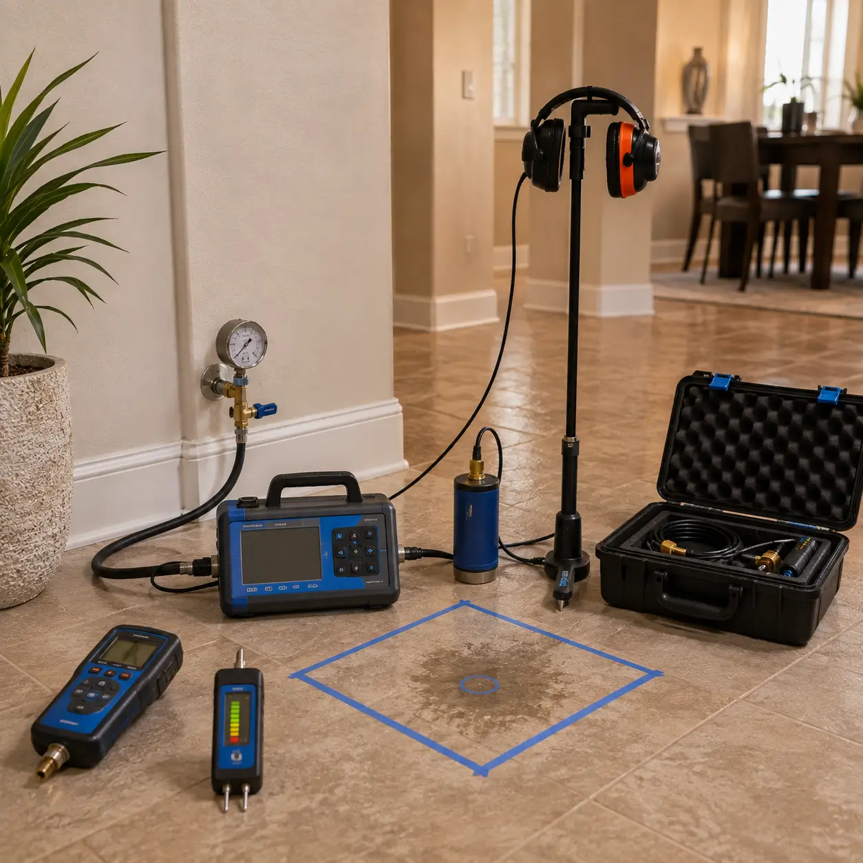 Leak analyzer, probe and pressure gauge on a tile floor beside taped survey lines