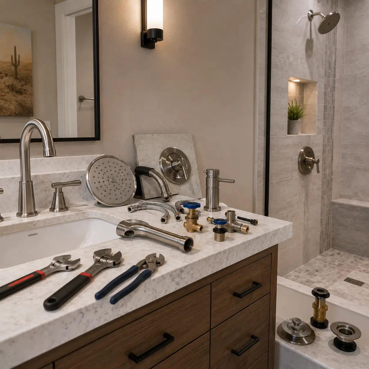 Bathroom vanity with a faucet, showerhead and replacement fixture parts laid out with wrenches