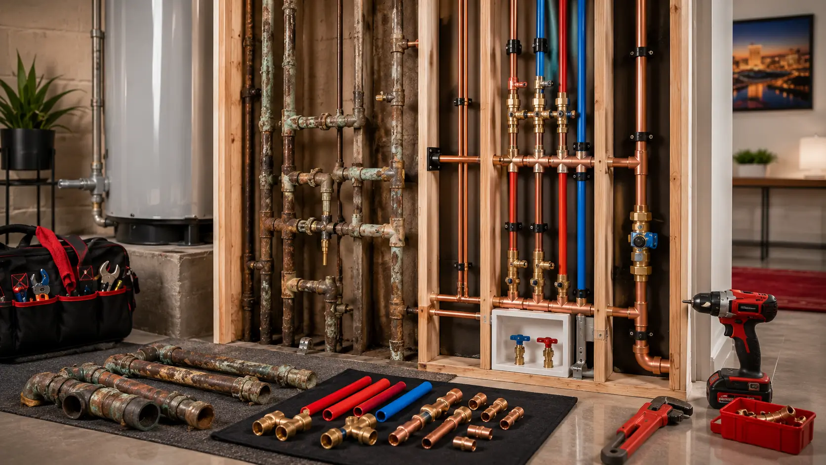Opened wall with old corroded pipes beside new red and blue PEX and copper, with replacement parts laid out