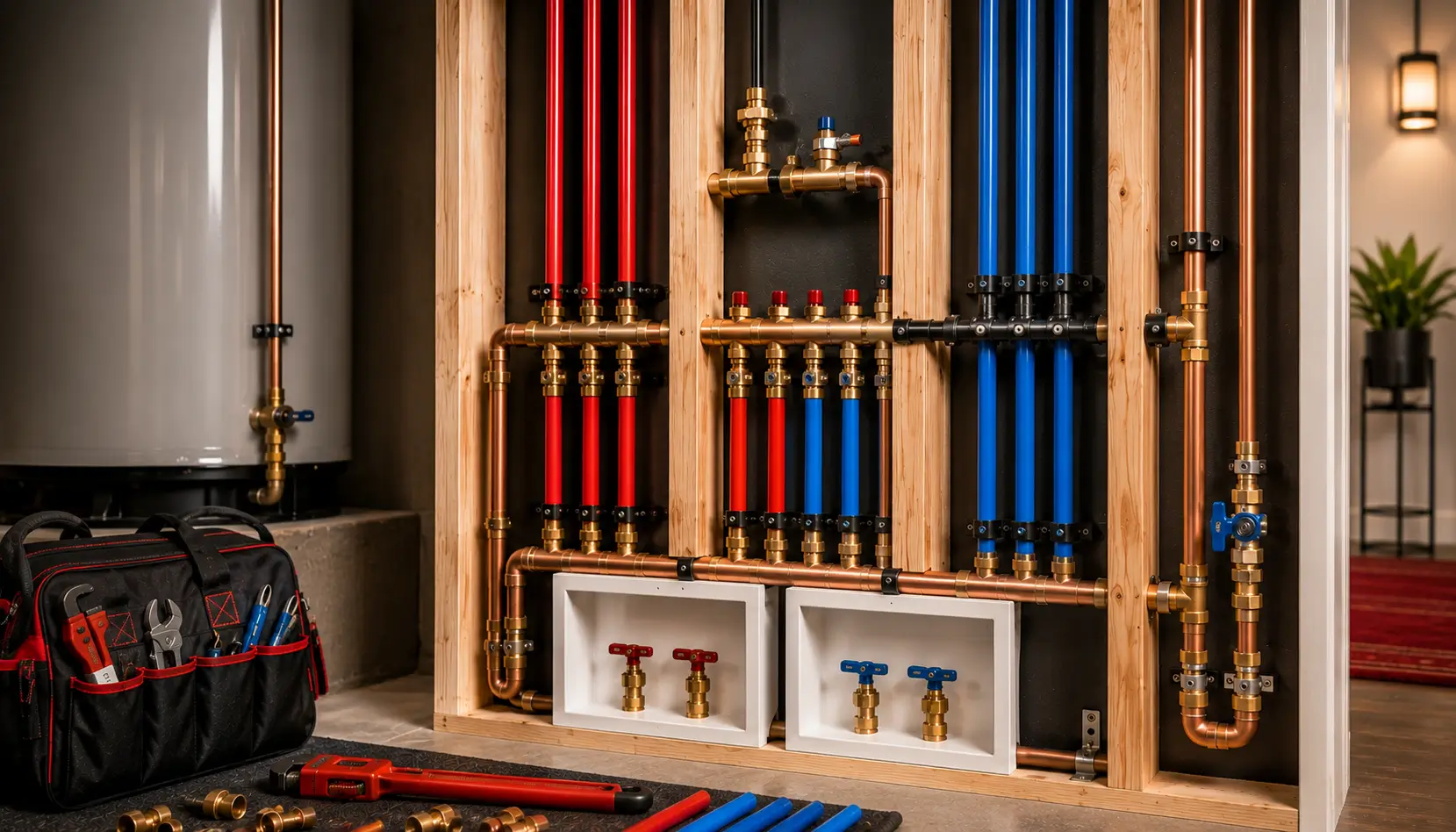 Red and blue PEX and copper piping inside an opened wall beside a water heater