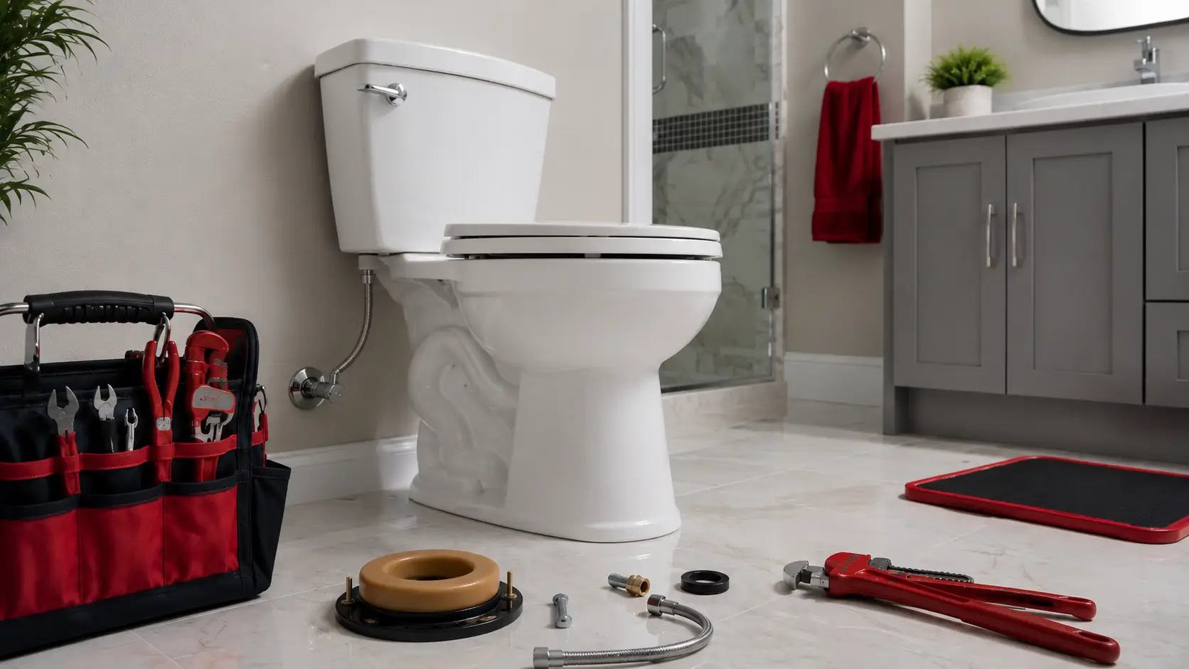 Toilet installation with a wax ring, supply line and tools beside a tool bag