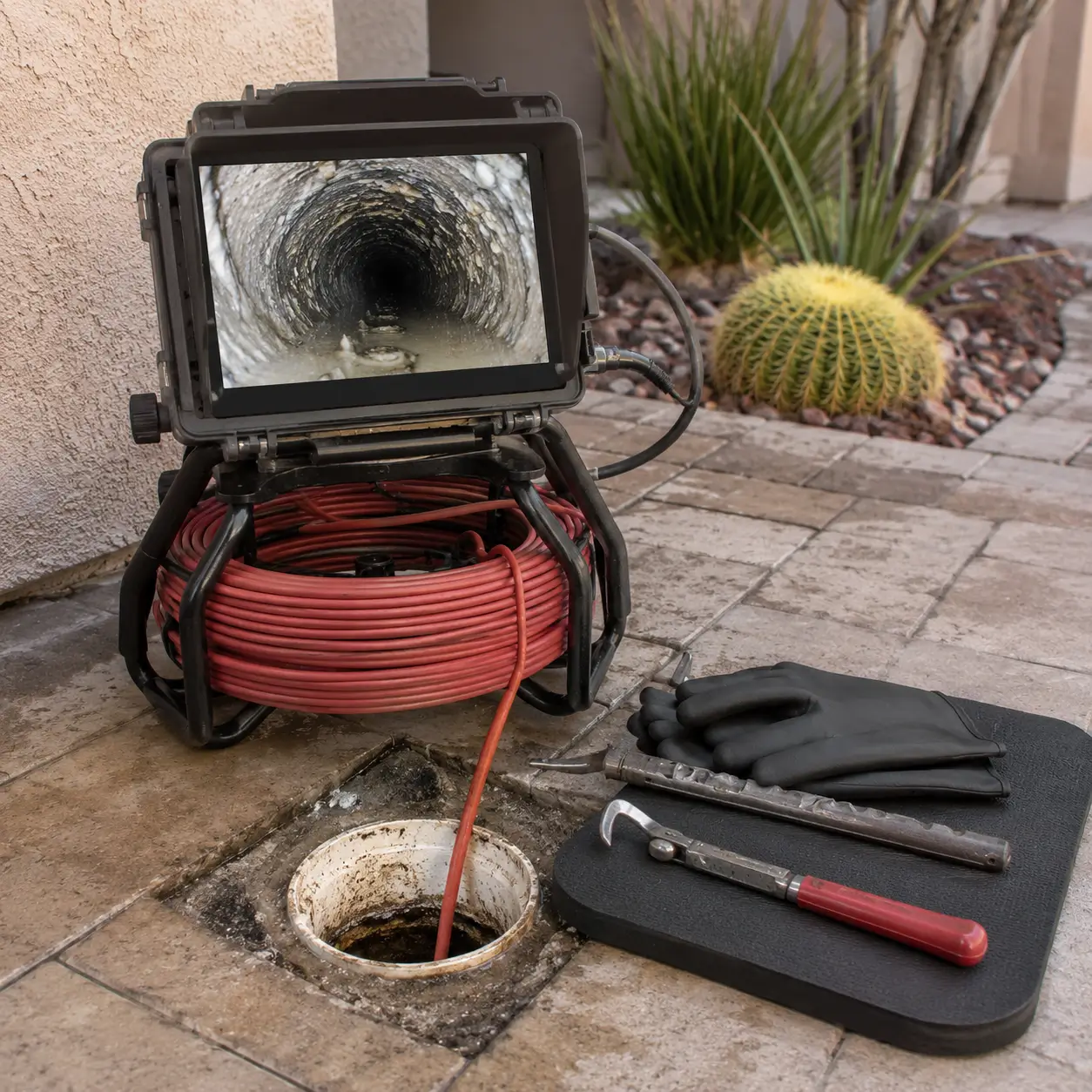 Drain camera reel and monitor beside an open cleanout