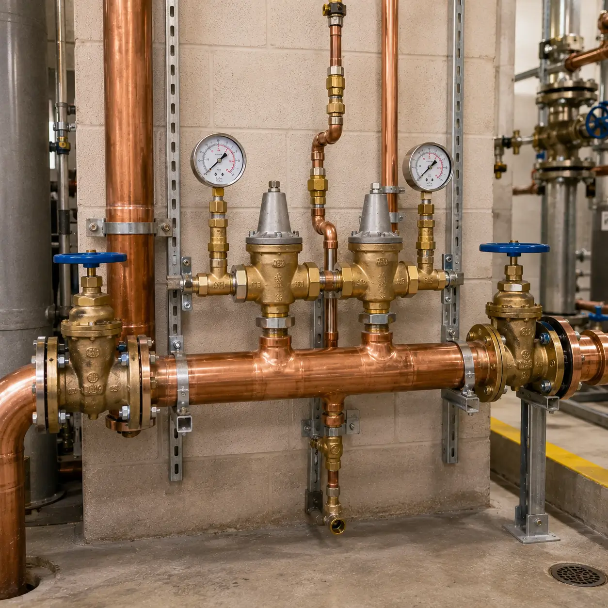 Brass and copper commercial pressure reducing valve assembly with two gauges