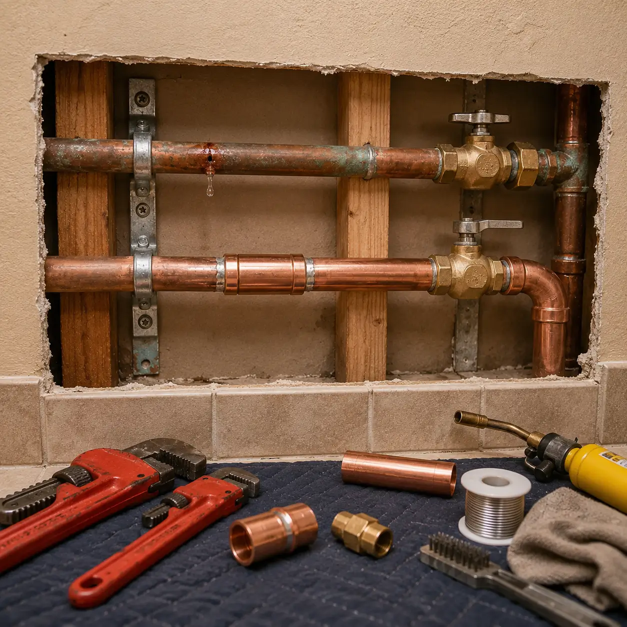Copper water line in an opened wall with a pinhole drip at a joint beside soldering tools