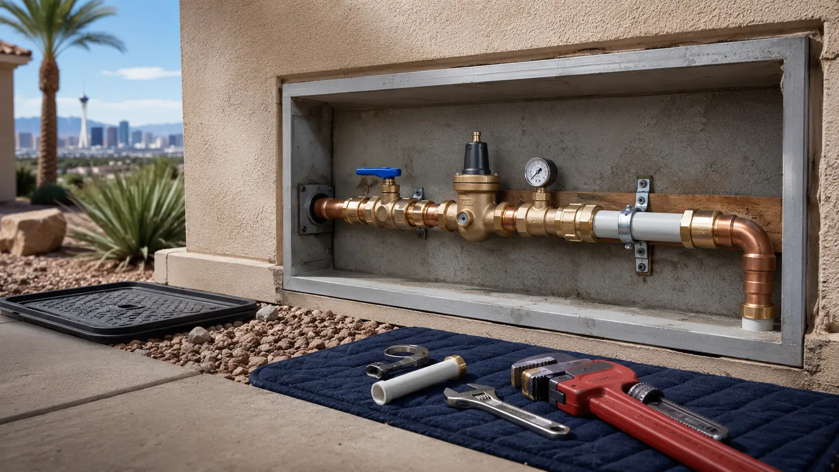 Water meter and pressure regulator vault with copper piping and a gauge
