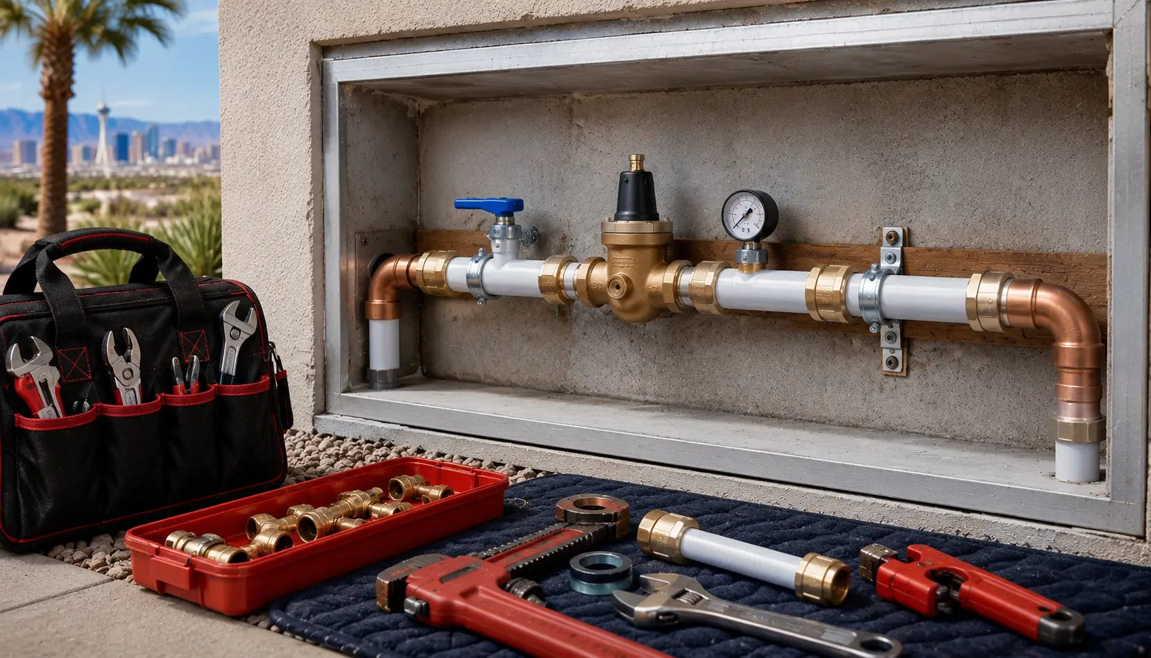 Copper and white water pipe with a pressure regulator and gauge in a recessed wall box